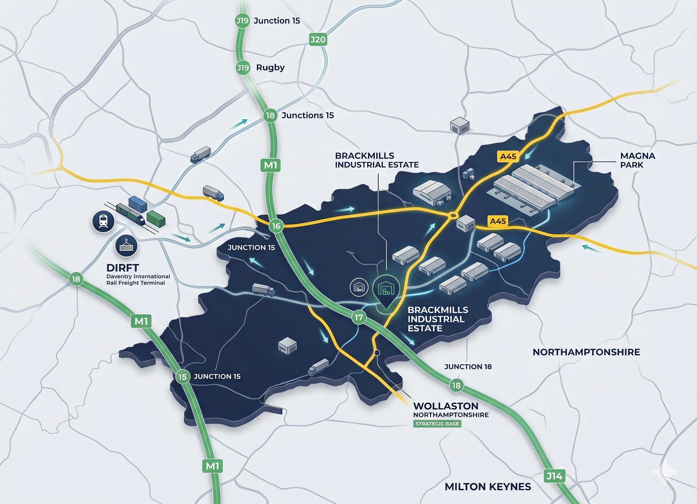 Northampton logistics corridor map showing M1, DIRFT, Brackmills and key UK distribution routes