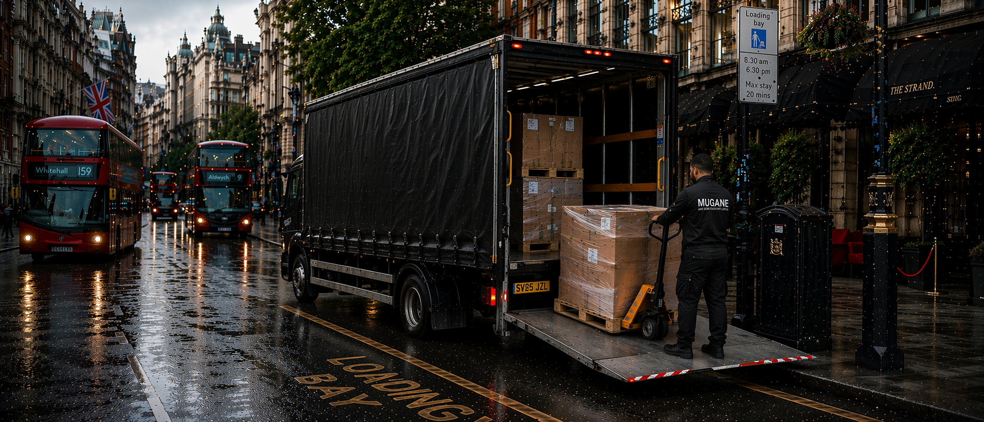 Mugane delivery truck on a wet London evening