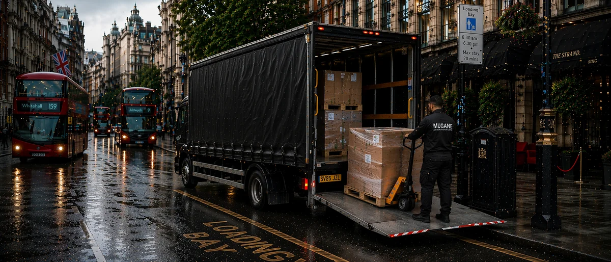 Mugane delivery truck on a wet London evening